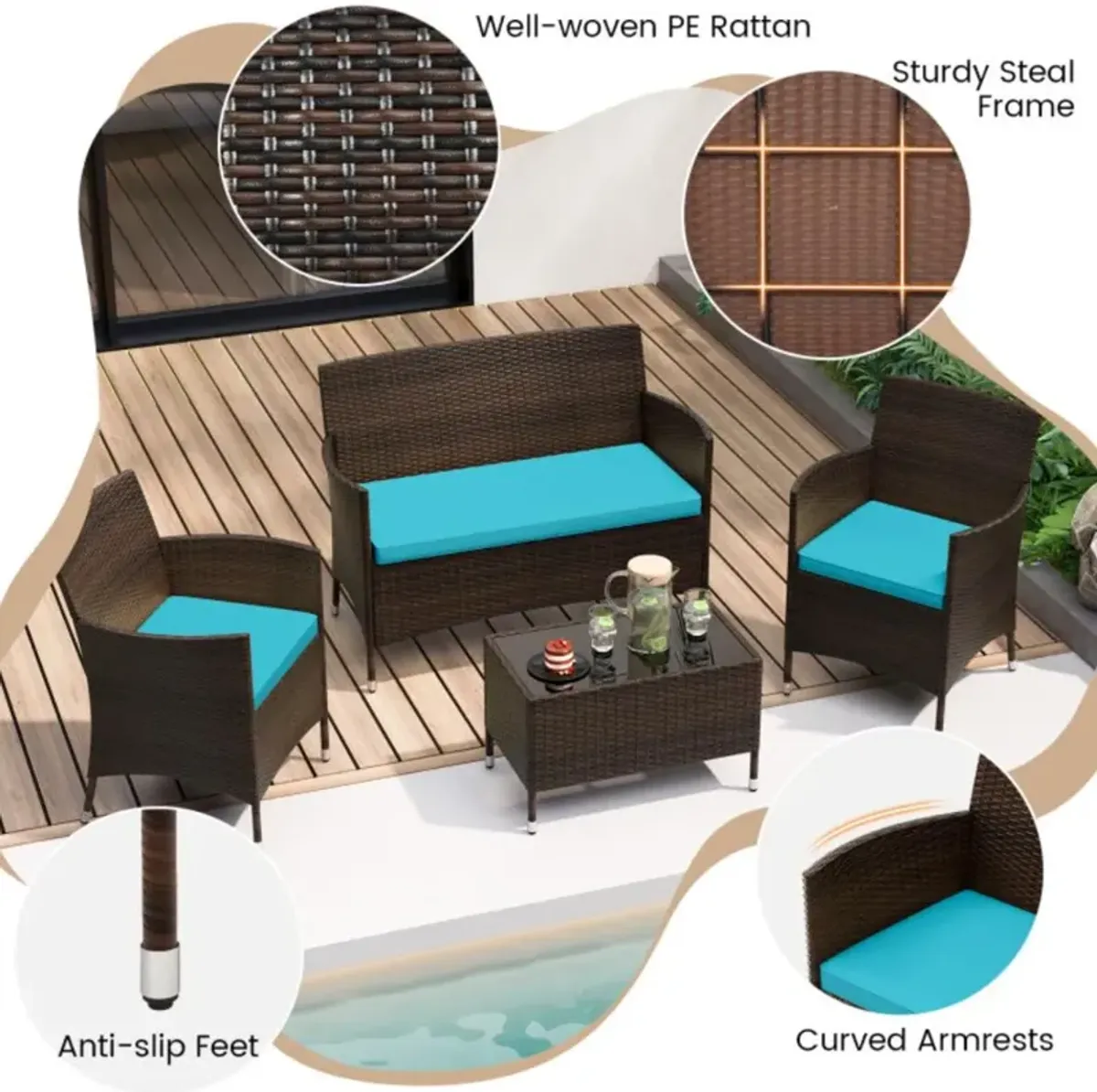 Hivvago 4 Pieces Comfortable Mix Brown Outdoor Rattan Sofa Set with Glass Coffee Table