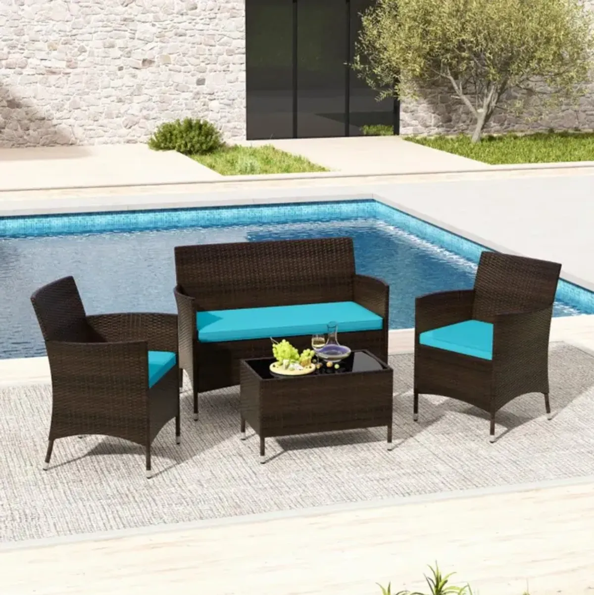 Hivvago 4 Pieces Comfortable Mix Brown Outdoor Rattan Sofa Set with Glass Coffee Table