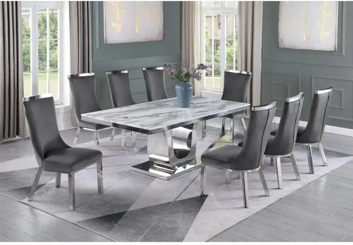 9pc dining set- Rectangle Marble table with a U shape silver base and 8 Dark Grey side chairs