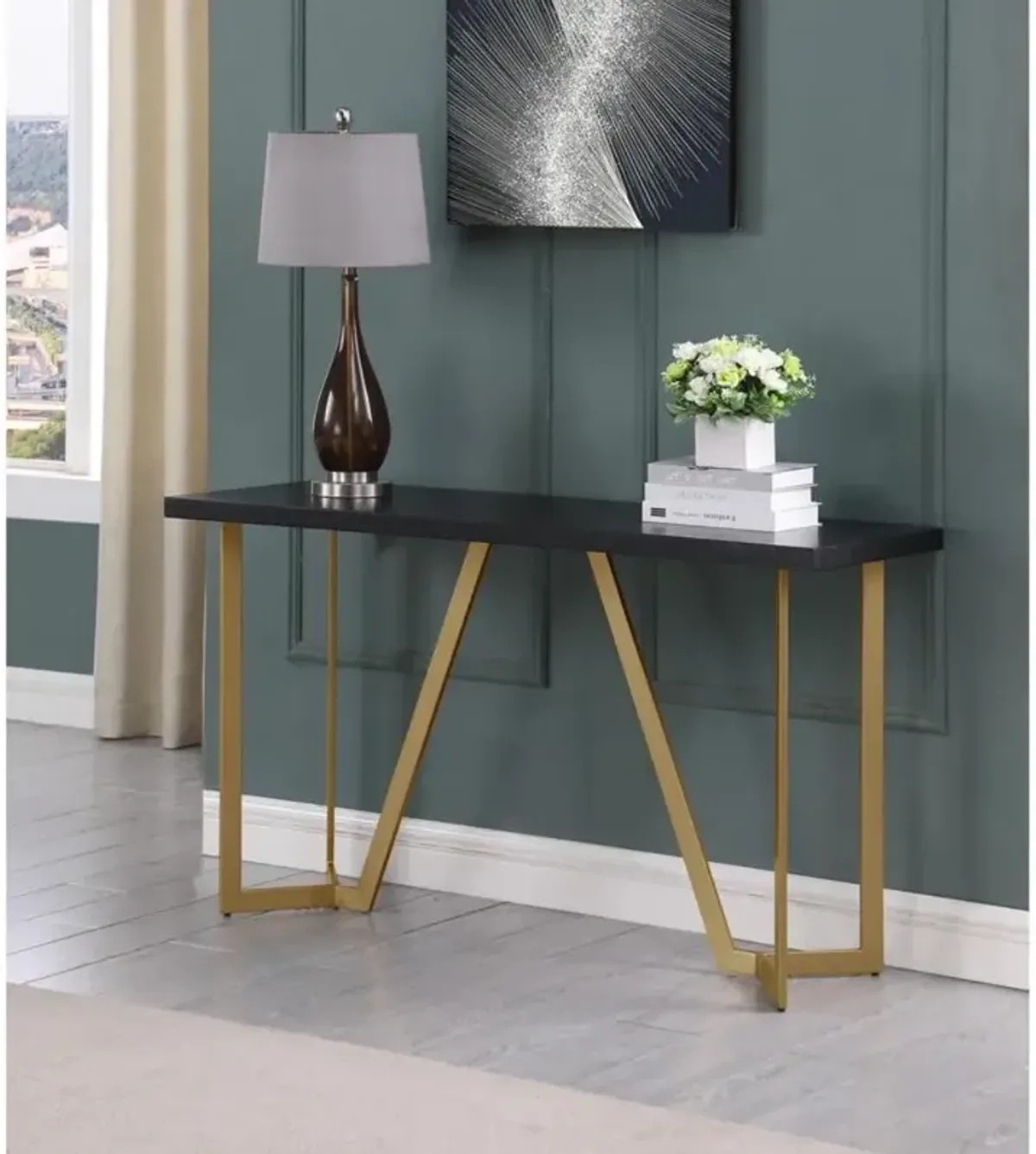 Black wood top console table w/ gold color iron legs