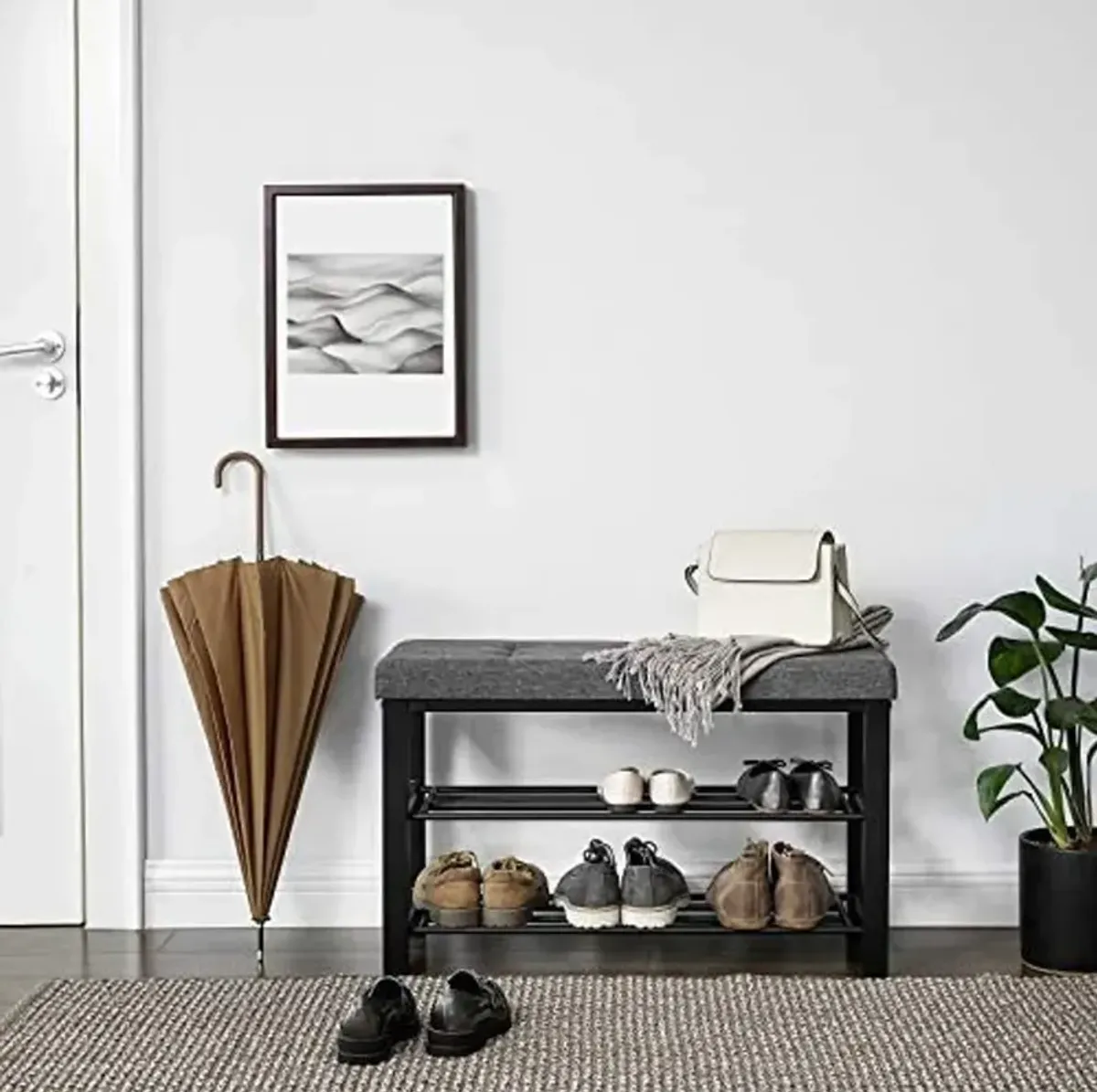 3-Tier Shoe Bench with Foam Padded Seat - Linen Storage Organizer with Metal Frame for Entryway