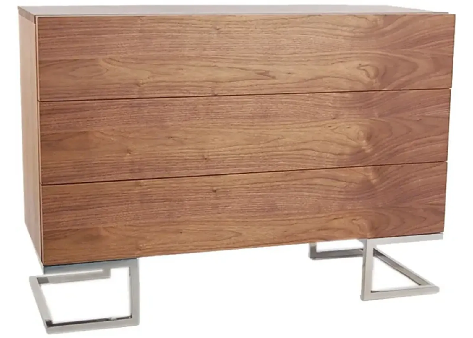 Sam 39 Inch Dresser, 3 Drawers, Sleek Chrome Steel Legs, Walnut Brown Wood - Benzara