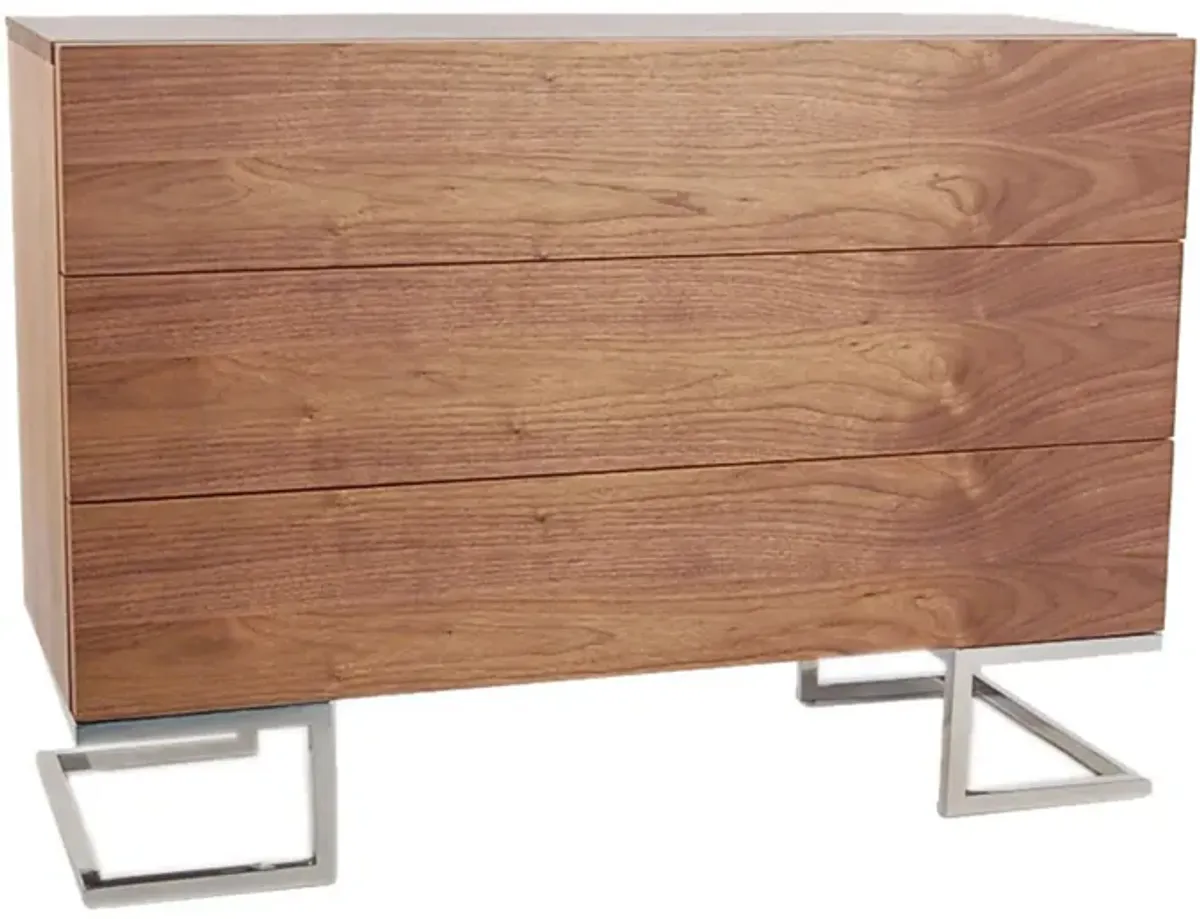 Sam 39 Inch Dresser, 3 Drawers, Sleek Chrome Steel Legs, Walnut Brown Wood - Benzara