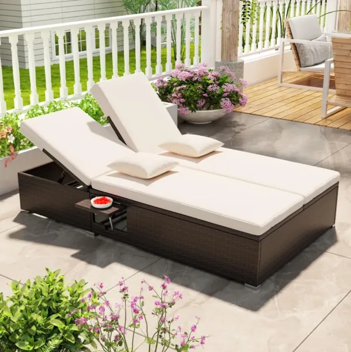 Hivvago Patio Double Chaise Lounge with Cushions and Folding Side Trays-Beige