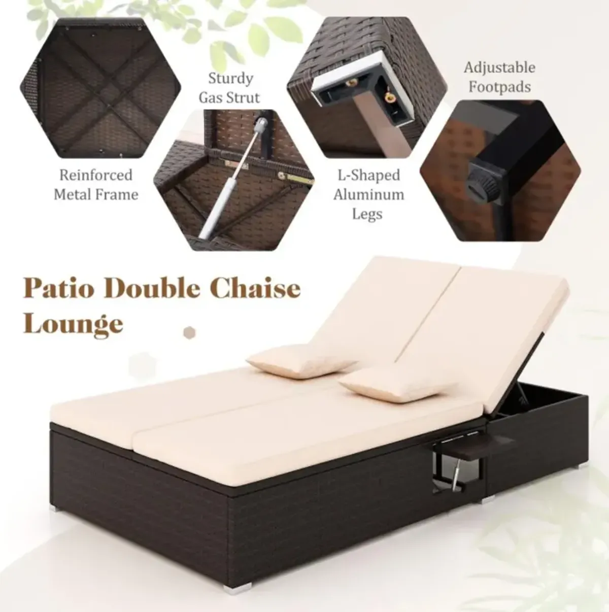 Hivvago Patio Double Chaise Lounge with Cushions and Folding Side Trays-Beige