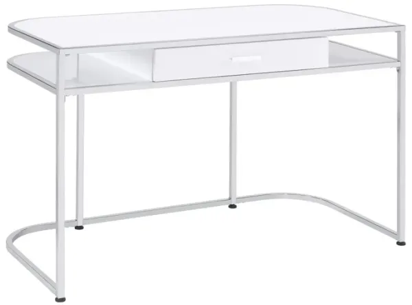 Writing Desk with 1 Drawer and 2 Compartments, White and Chrome-Benzara