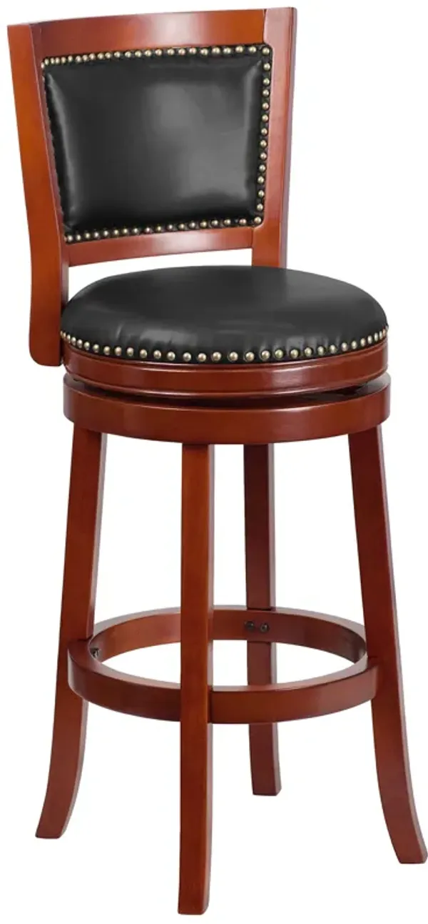 Flash Furniture Ebert 30'' High Dark Cherry Wood Barstool with Open Panel Back and Walnut LeatherSoft Swivel Seat