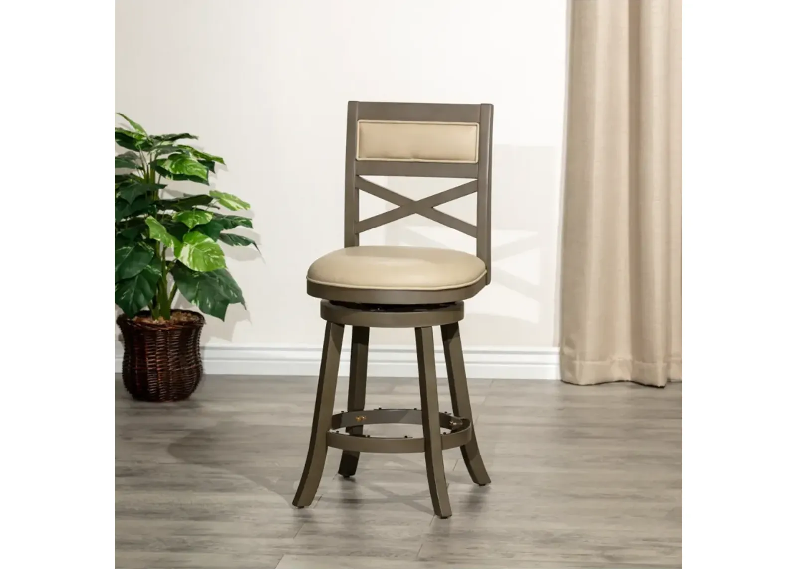 24" Counter Height X-Back Swivel Stool, Weathered Gray Finish, French Gray Leather Seat