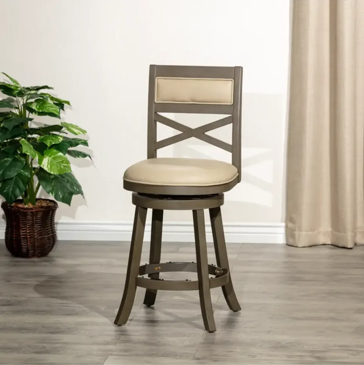 24" Counter Height X-Back Swivel Stool, Weathered Gray Finish, French Gray Leather Seat