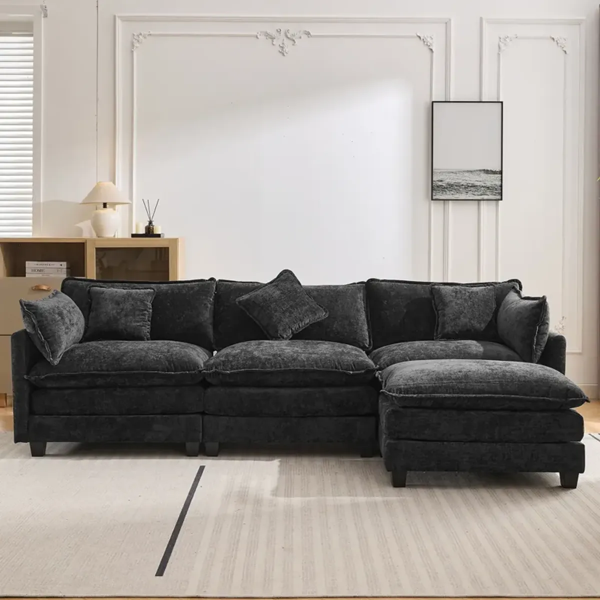 Gewnee  L-Shape Chenille Upholstered Sofa with Ottoman and 5 Pillows, Black