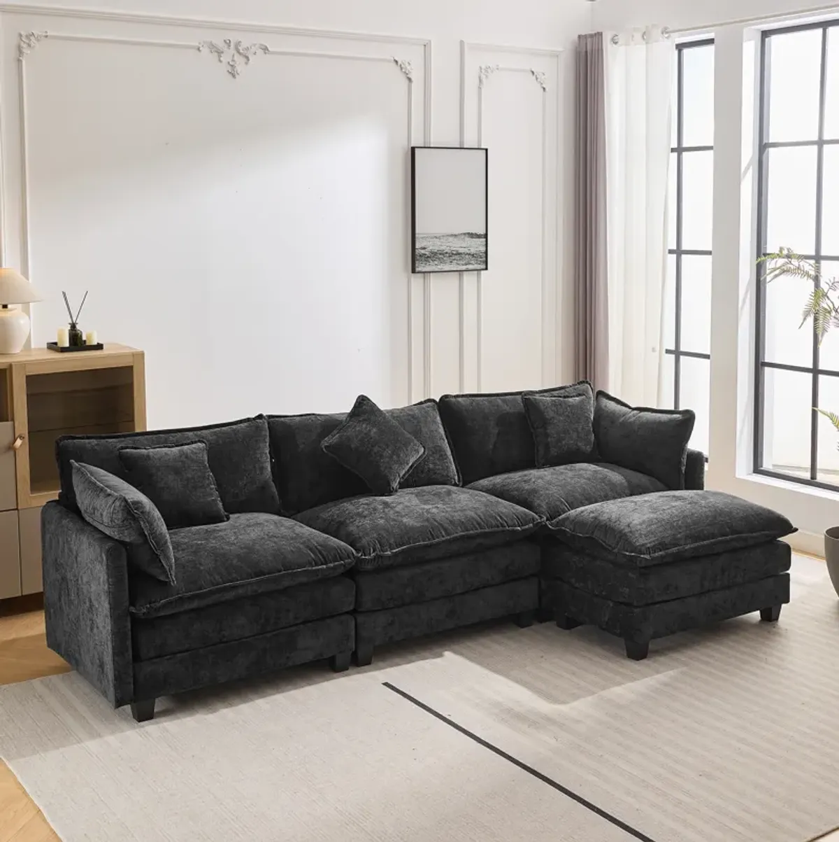 Gewnee  L-Shape Chenille Upholstered Sofa with Ottoman and 5 Pillows, Black