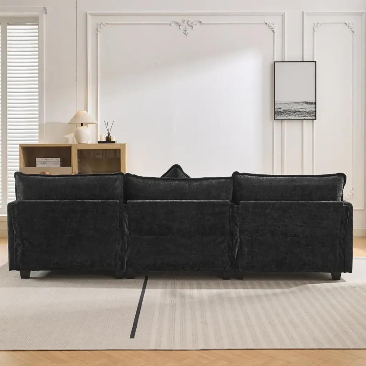 Gewnee  L-Shape Chenille Upholstered Sofa with Ottoman and 5 Pillows, Black