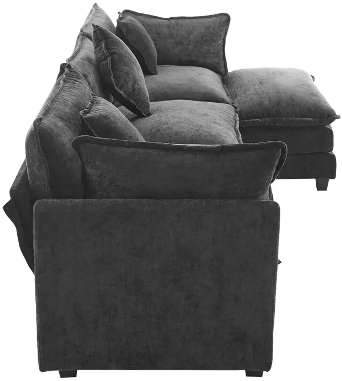 Gewnee  L-Shape Chenille Upholstered Sofa with Ottoman and 5 Pillows, Black