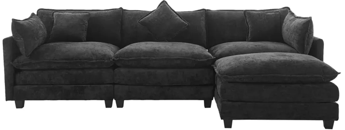 Gewnee  L-Shape Chenille Upholstered Sofa with Ottoman and 5 Pillows, Black