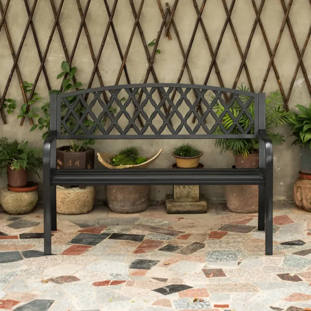 Gardenised Black Outdoor Garden Patio Steel Park Bench Lawn Decor with Cast Iron Back Seating bench, with Backrest and Armrest for Yard, Patio, Garden, Balcony, and Deck