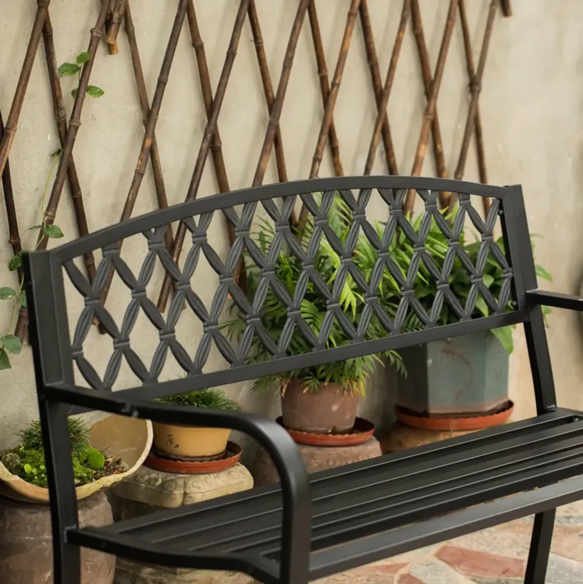 Gardenised Black Outdoor Garden Patio Steel Park Bench Lawn Decor with Cast Iron Back Seating bench, with Backrest and Armrest for Yard, Patio, Garden, Balcony, and Deck