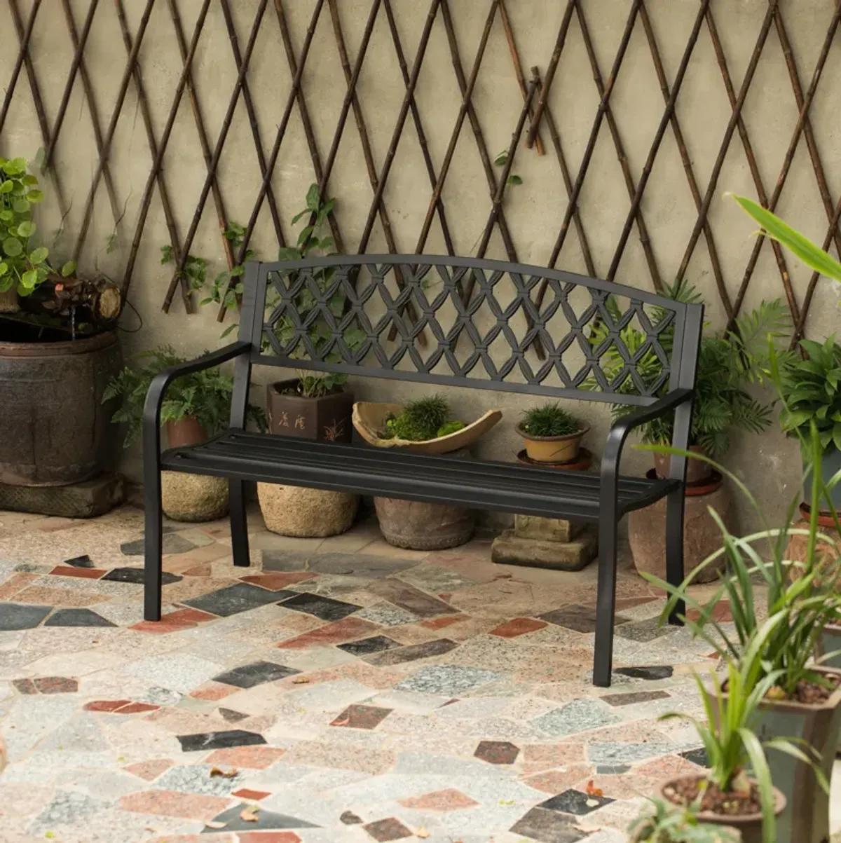 Gardenised Black Outdoor Garden Patio Steel Park Bench Lawn Decor with Cast Iron Back Seating bench, with Backrest and Armrest for Yard, Patio, Garden, Balcony, and Deck