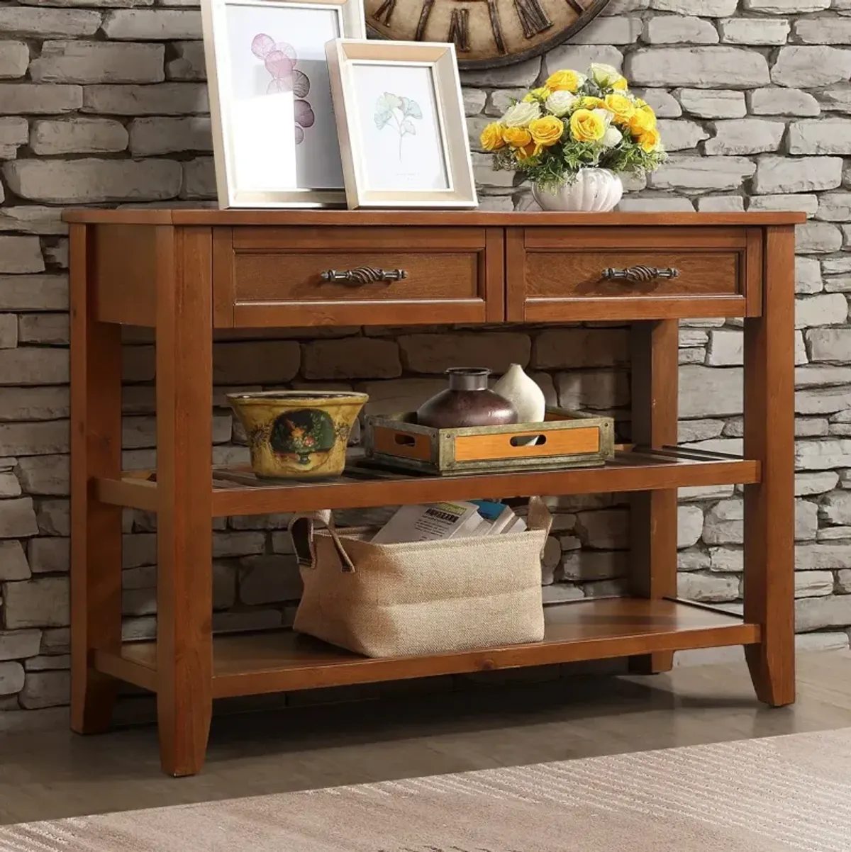 Mid-Century Style Solid Wood Console Table with Storage