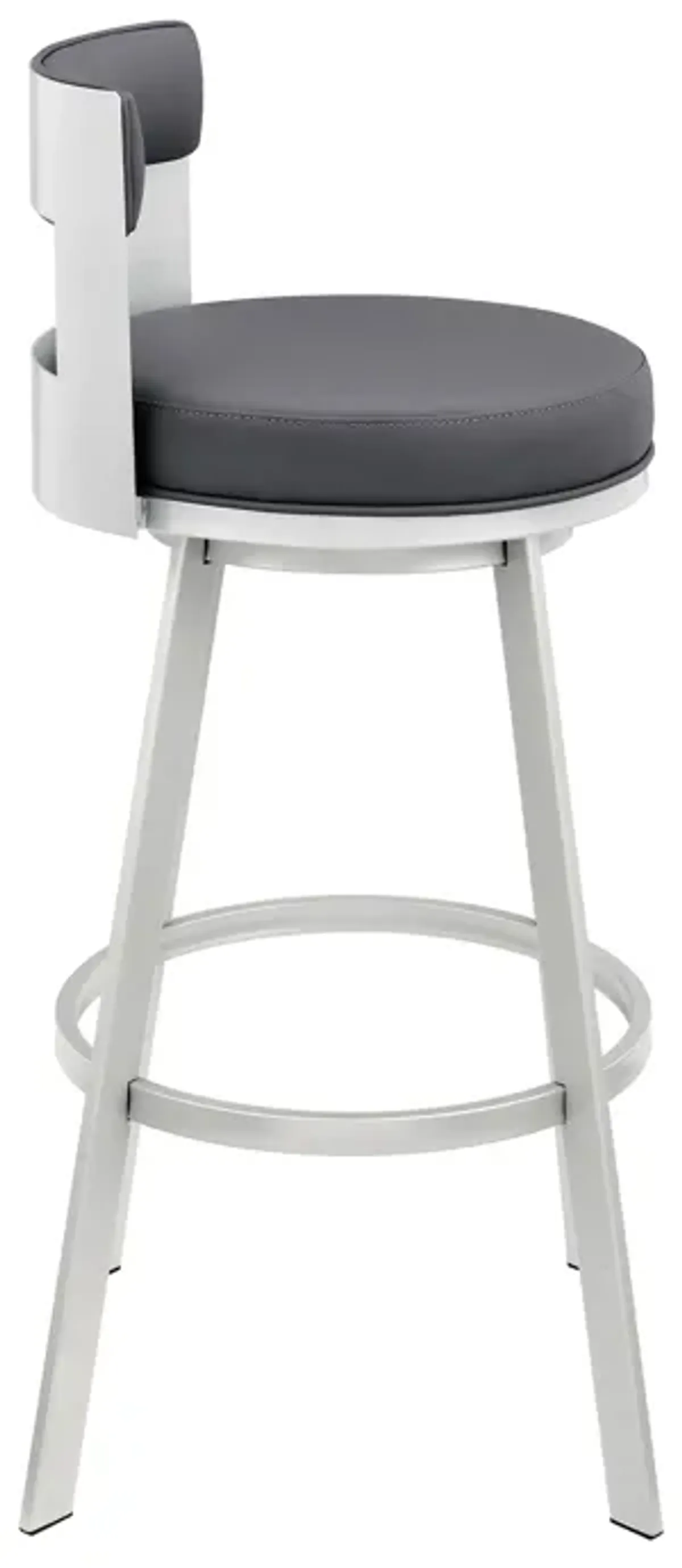 Ami 26 Inch Swivel Counter Stool Chair, Gray Faux Leather, Chrome Iron - Benzara