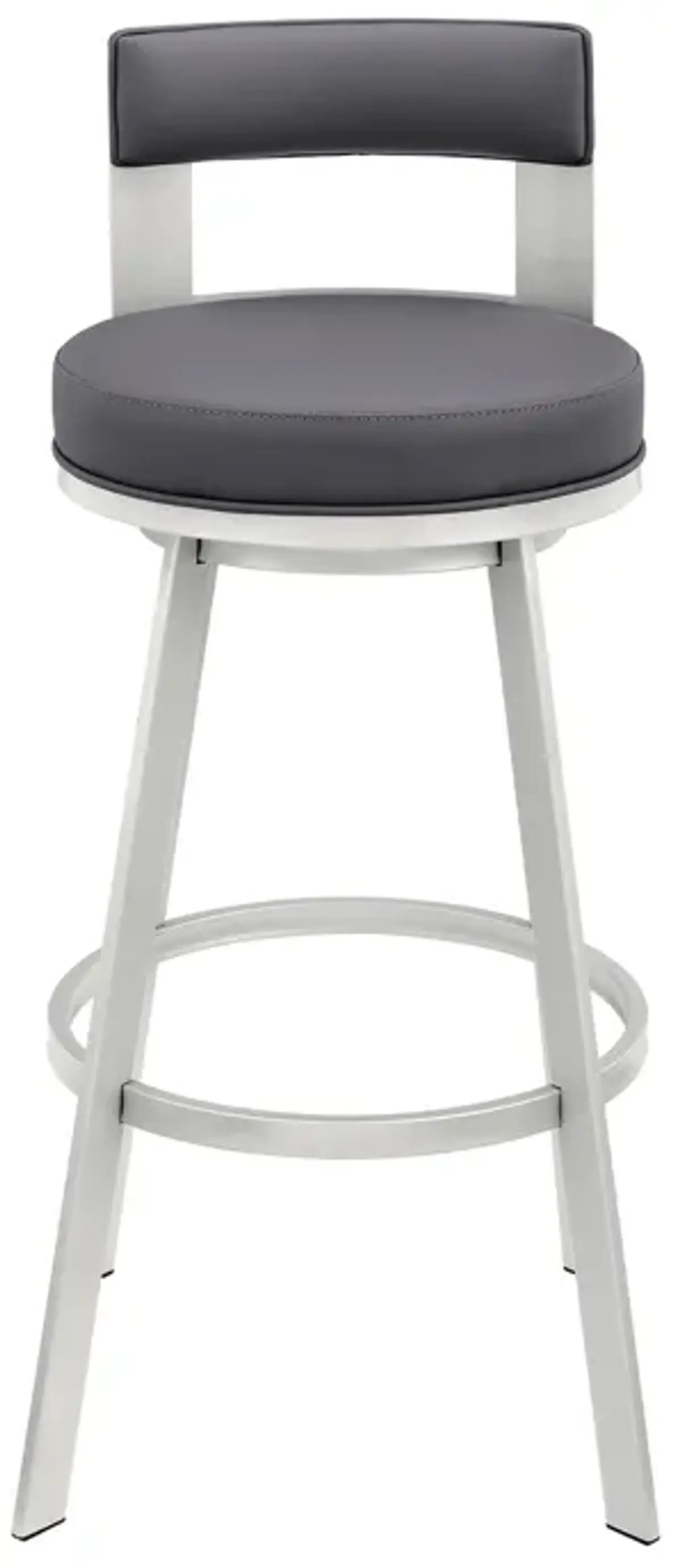 Ami 26 Inch Swivel Counter Stool Chair, Gray Faux Leather, Chrome Iron - Benzara