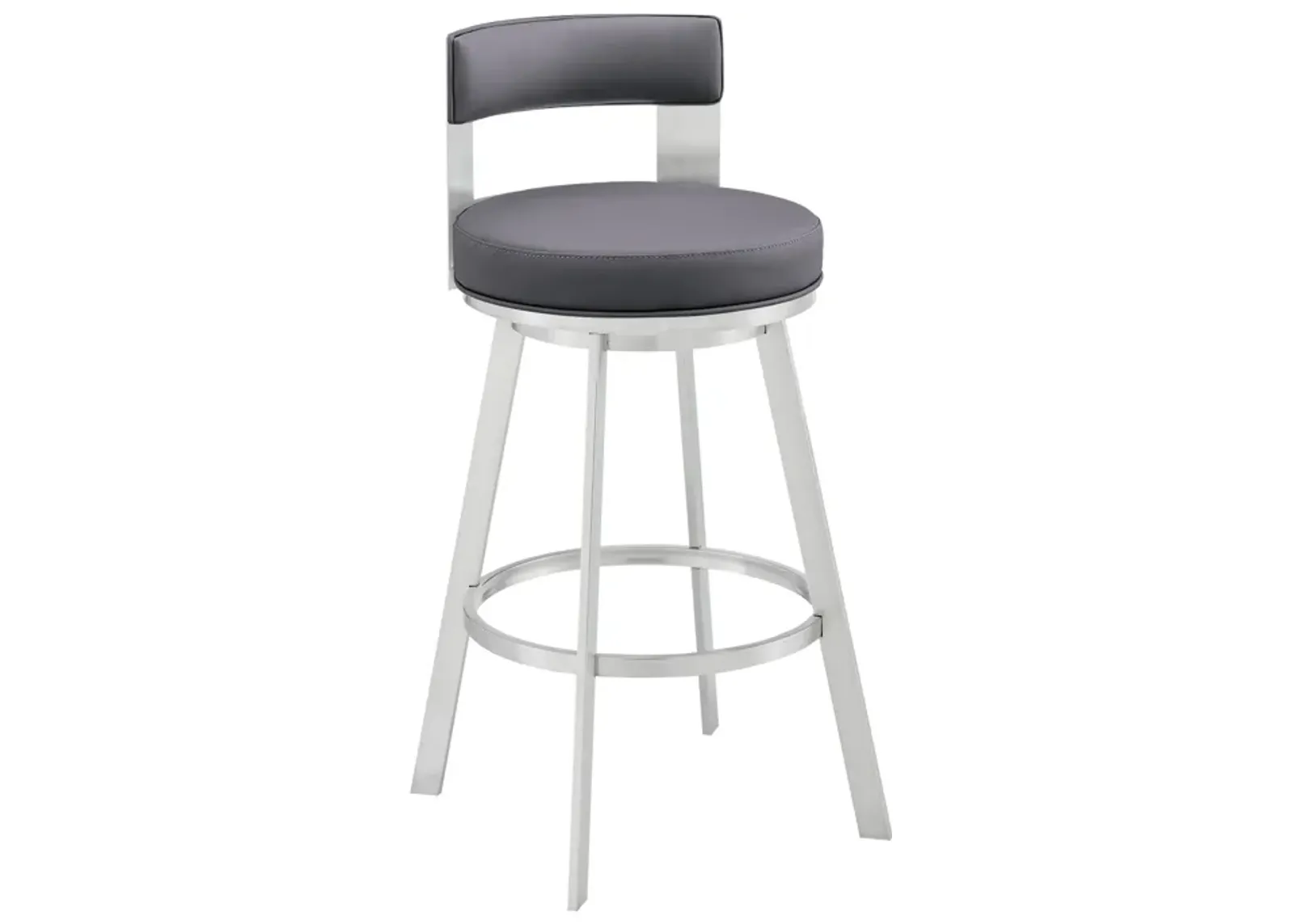 Ami 26 Inch Swivel Counter Stool Chair, Gray Faux Leather, Chrome Iron - Benzara