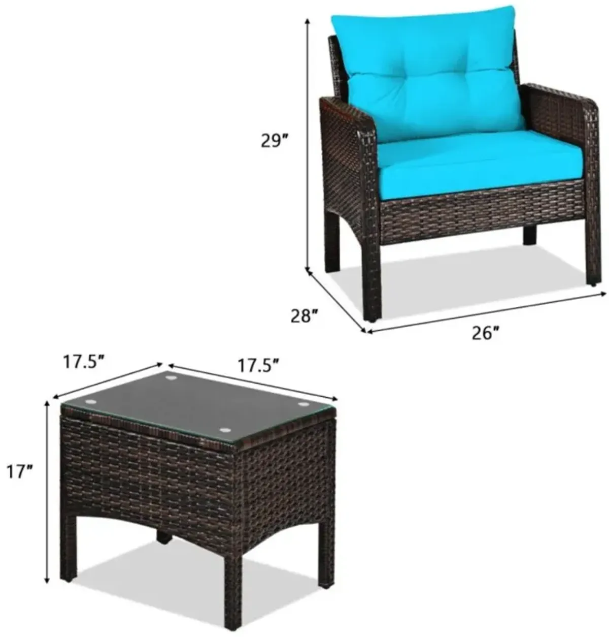 Hivvago 3 Pieces Outdoor Patio Rattan Conversation Set with Seat Cushions