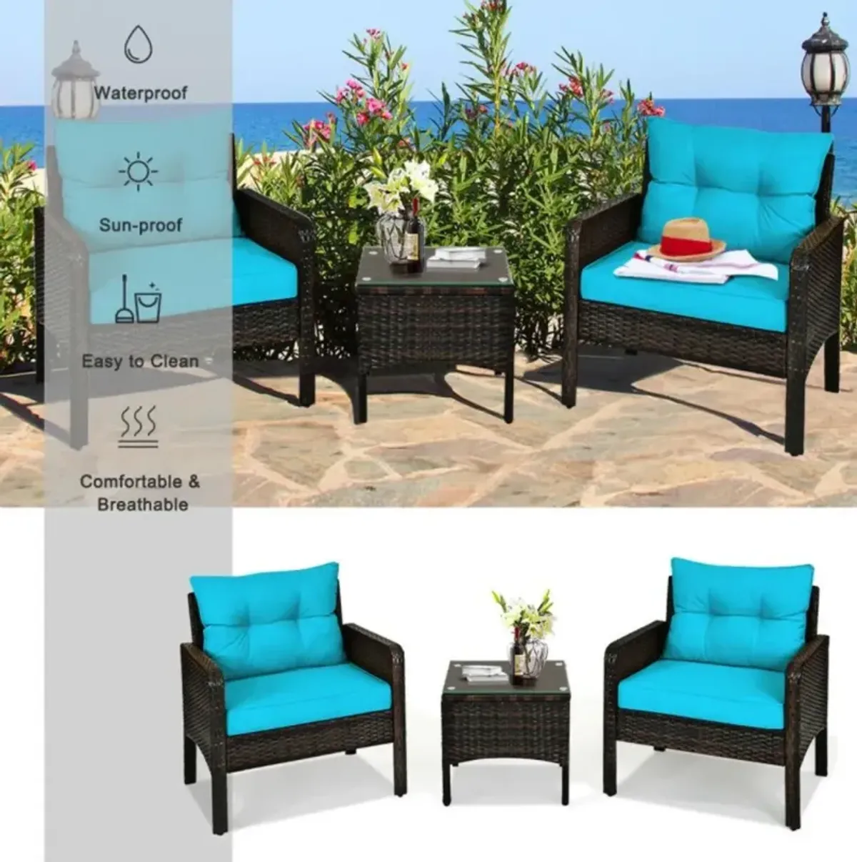 Hivvago 3 Pieces Outdoor Patio Rattan Conversation Set with Seat Cushions