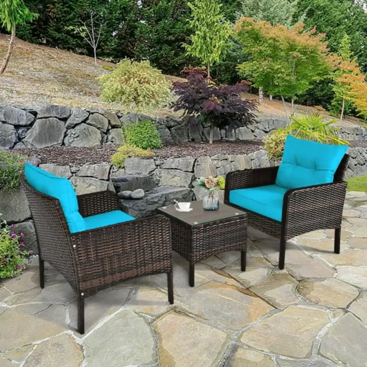 Hivvago 3 Pieces Outdoor Patio Rattan Conversation Set with Seat Cushions