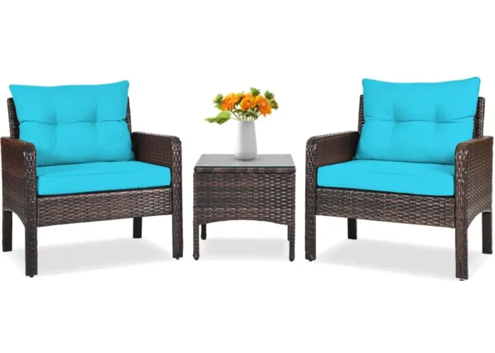 Hivvago 3 Pieces Outdoor Patio Rattan Conversation Set with Seat Cushions