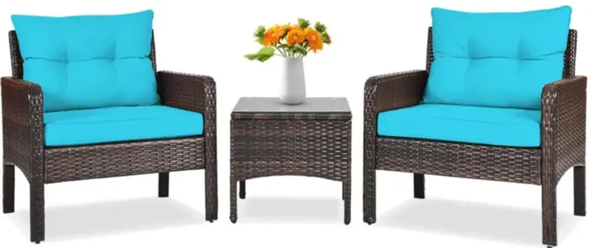 Hivvago 3 Pieces Outdoor Patio Rattan Conversation Set with Seat Cushions