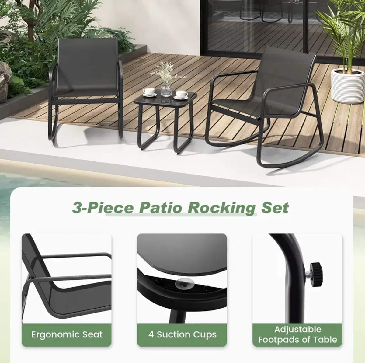 2 Rocking Bistro Chairs and Glass-Top Table for Porch Yard Balcony-Black