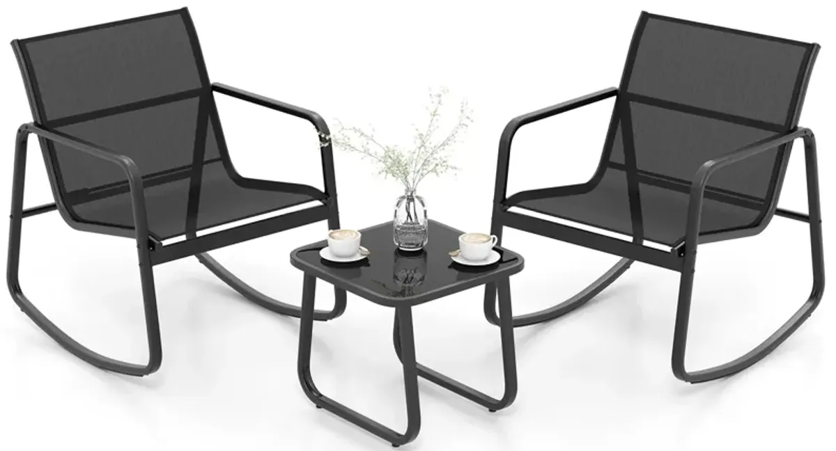 2 Rocking Bistro Chairs and Glass-Top Table for Porch Yard Balcony-Black