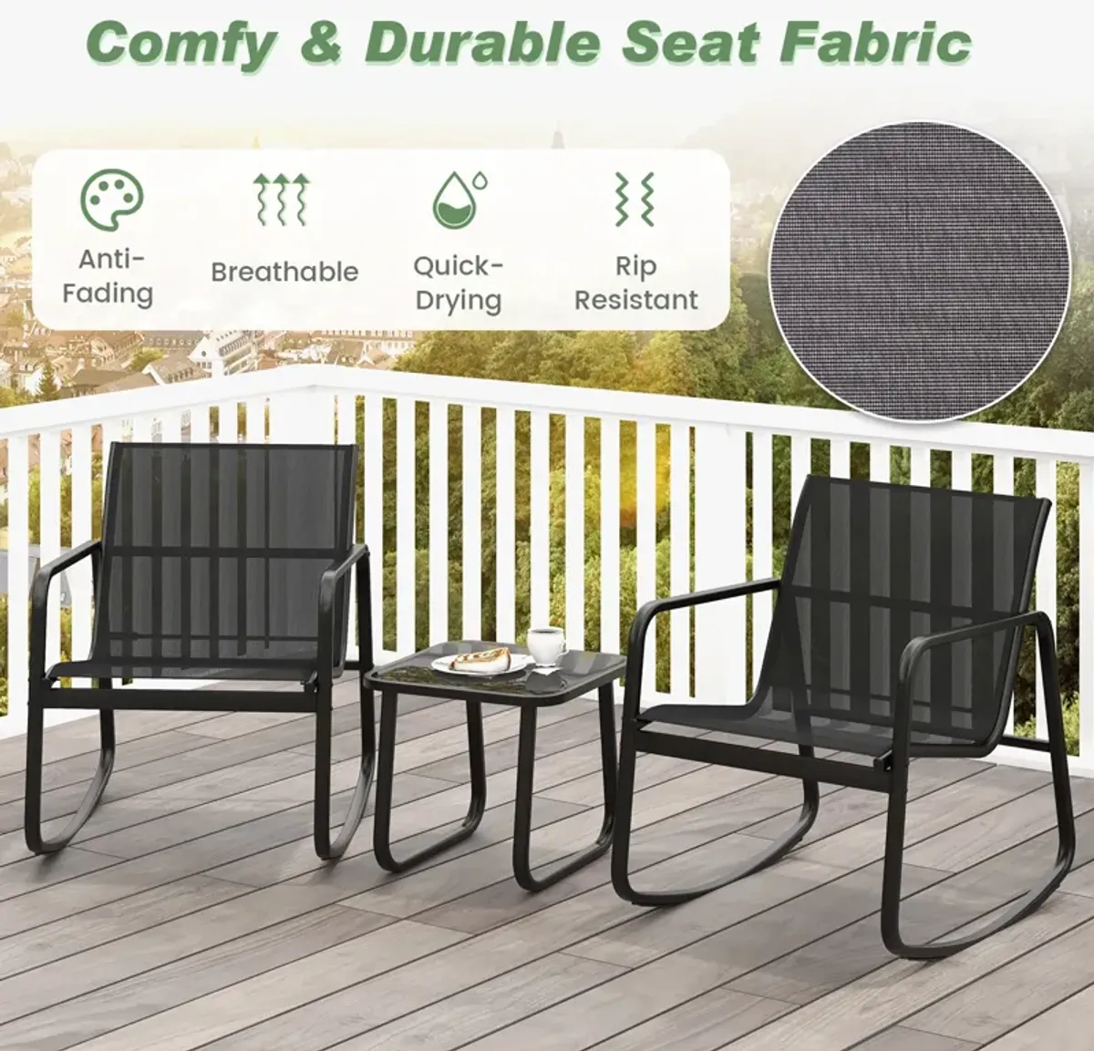 2 Rocking Bistro Chairs and Glass-Top Table for Porch Yard Balcony-Black