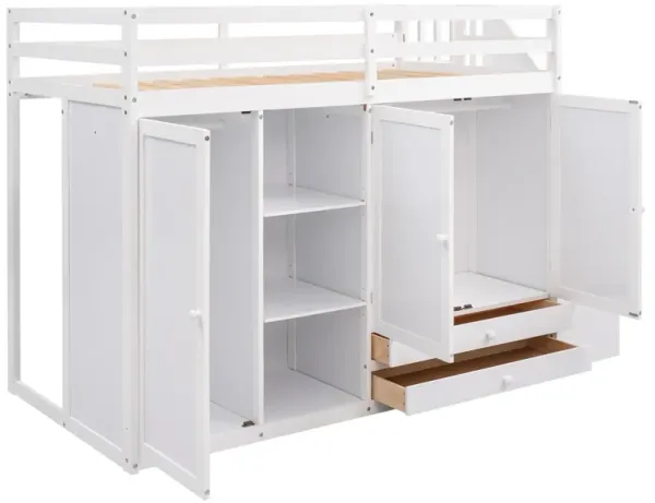 Whisen Functional Loft Bed with 3 Shelves, Wardrobes, Drawers and Storage Ladder - White