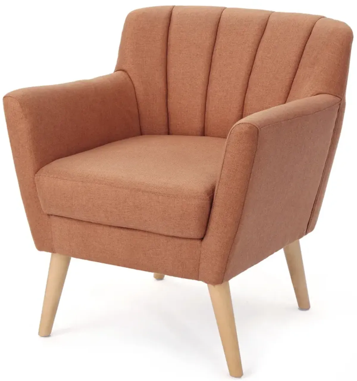 Rishi Accent Chair, Orange Linen, Channel Stitching, Light Brown Wood Legs - Benzara