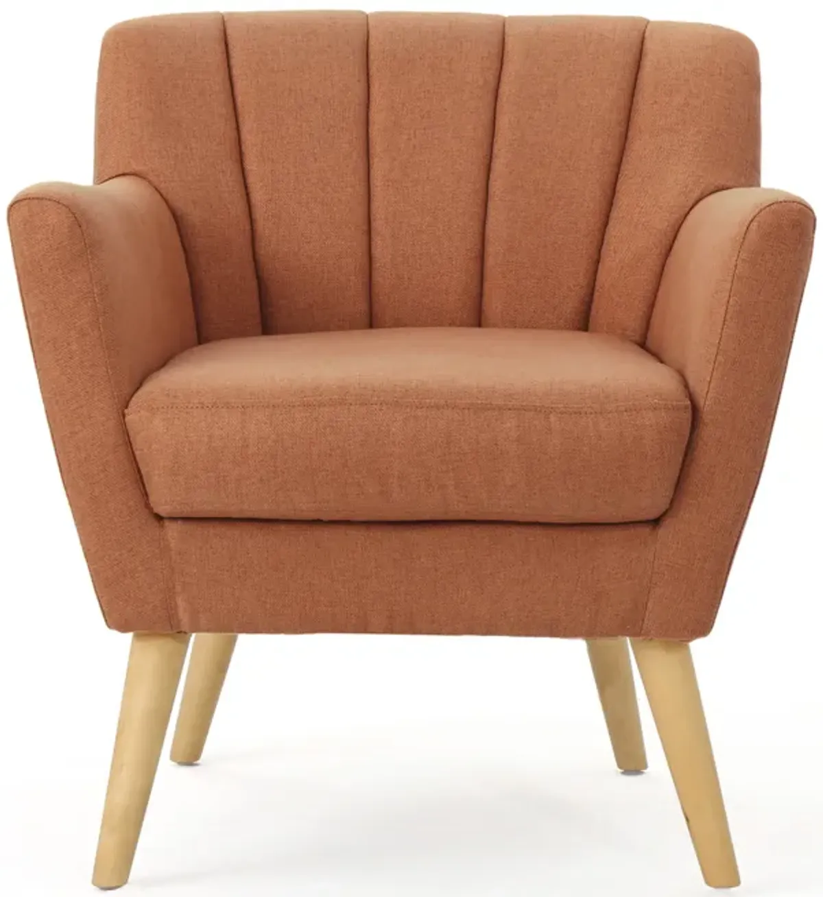 Rishi Accent Chair, Orange Linen, Channel Stitching, Light Brown Wood Legs - Benzara