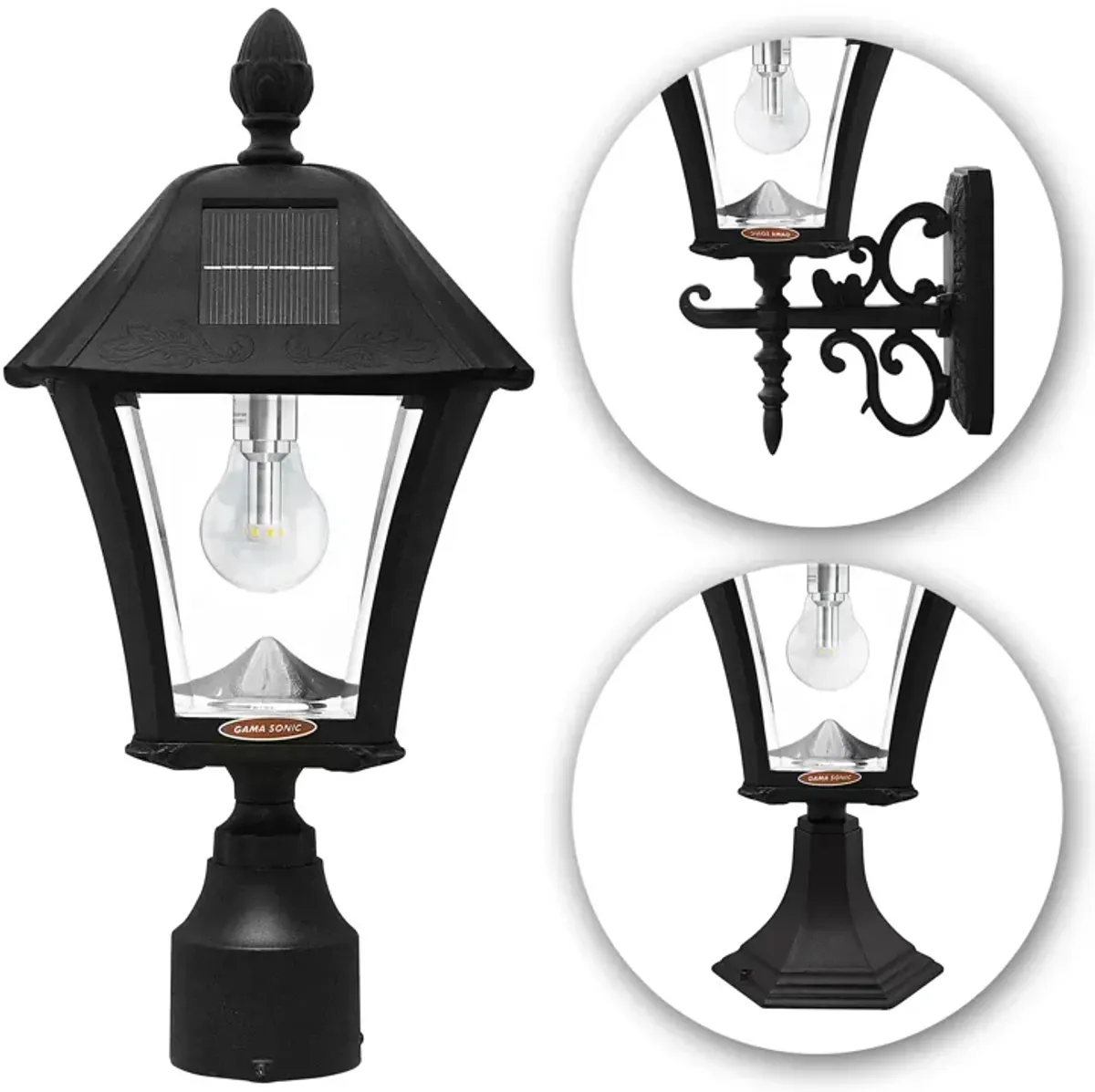 Baytown Bulb Solar Lamp - Wall/Pier/3" Fitter Mounts - Black