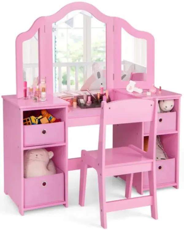 Hivvago Kids Vanity Table and Chair Set with Removable Mirrors and 4 Storage Bins