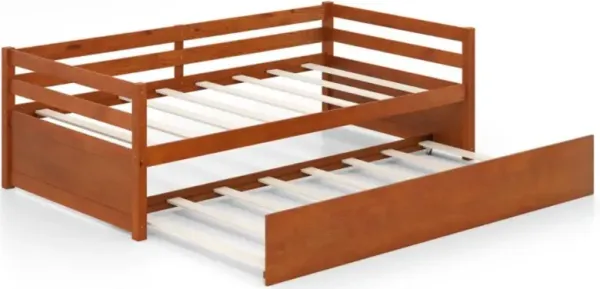 Hivvago Twin Size Trundle Platform Bed Frame with  Wooden Slat Support