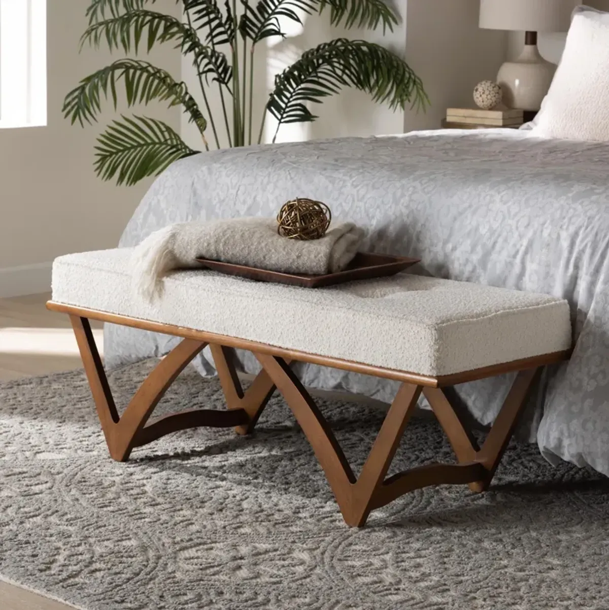 Baxton Studio Chenoa Japandi Cream Boucle Fabric and Walnut Brown Finished Wood Bench