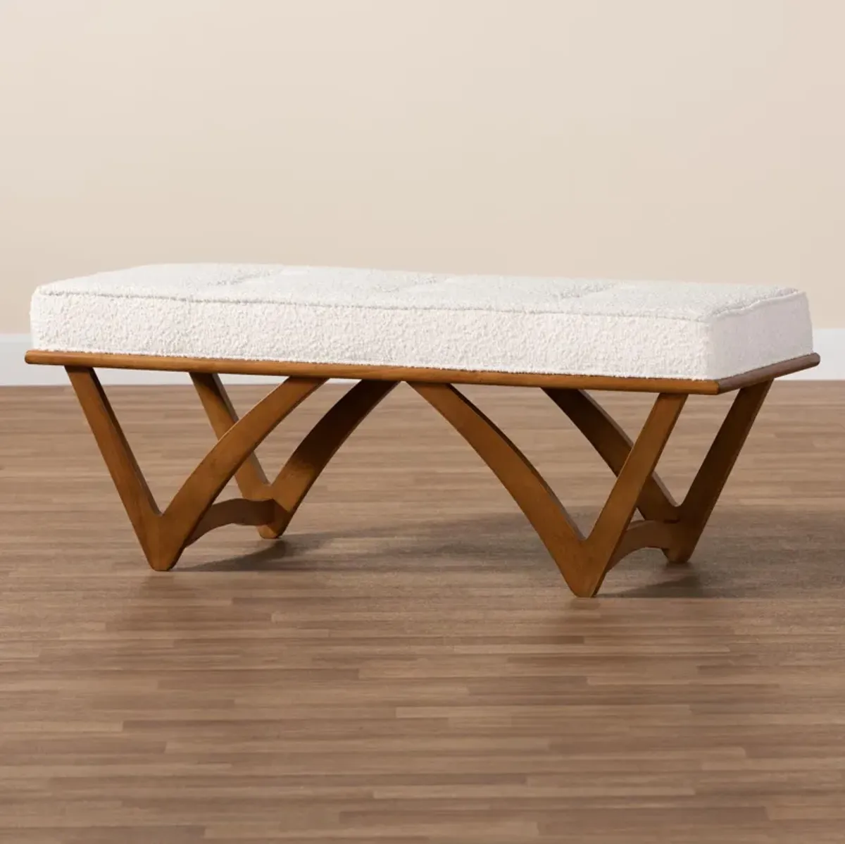 Baxton Studio Chenoa Japandi Cream Boucle Fabric and Walnut Brown Finished Wood Bench