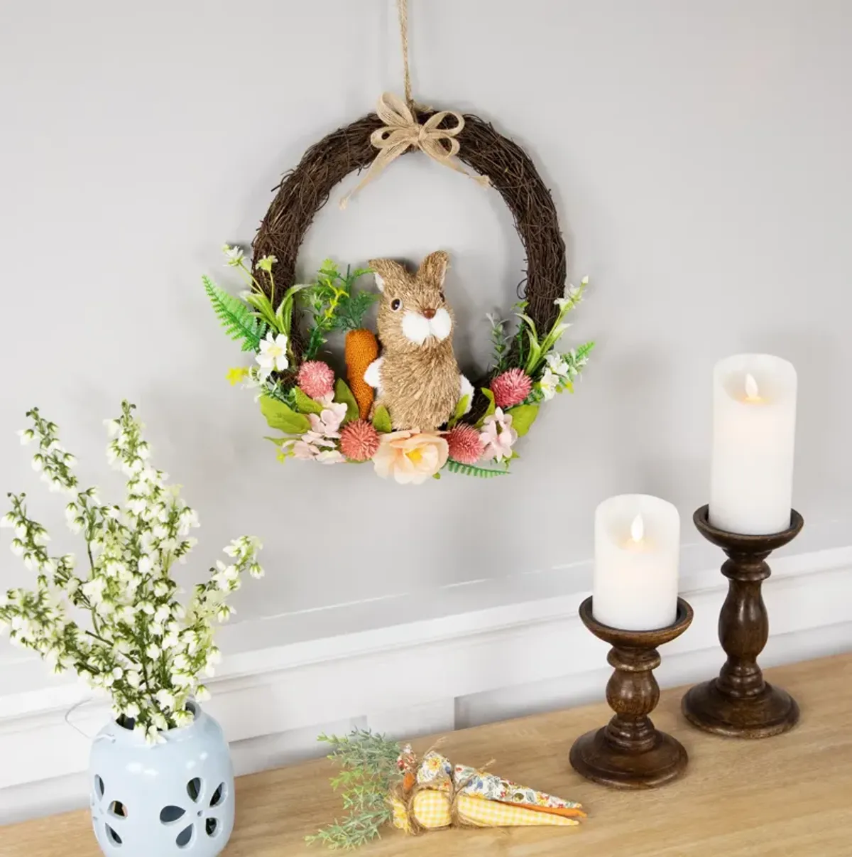 Floral Grapevine Spring Easter Wreath with Rabbit - 12"