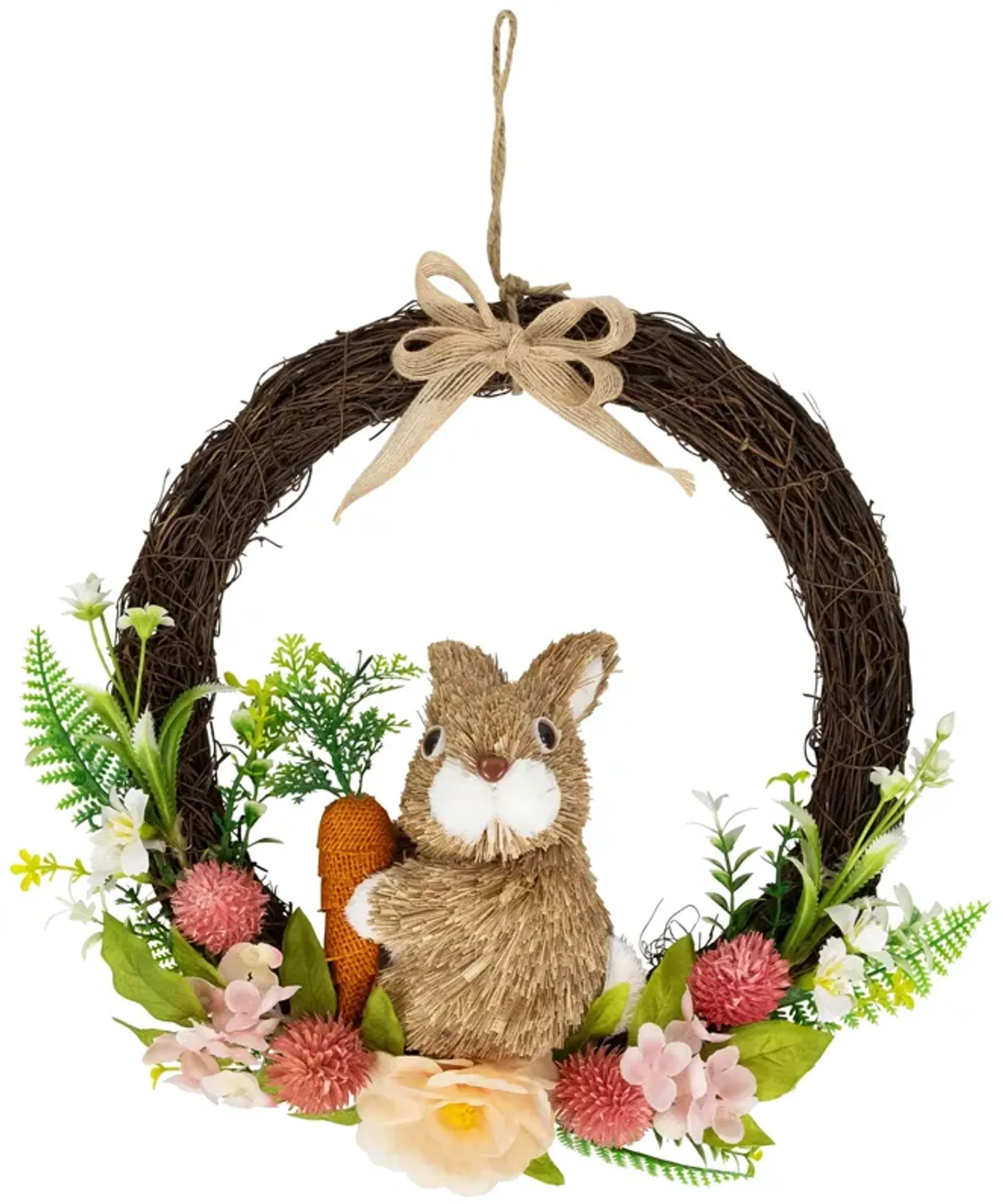 Floral Grapevine Spring Easter Wreath with Rabbit - 12"