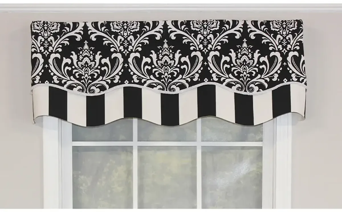 RLF Home Ozbourne Glory Valance Black. 3" Rod Pocket, Layered, Trimmed. 50"W X 16"L
