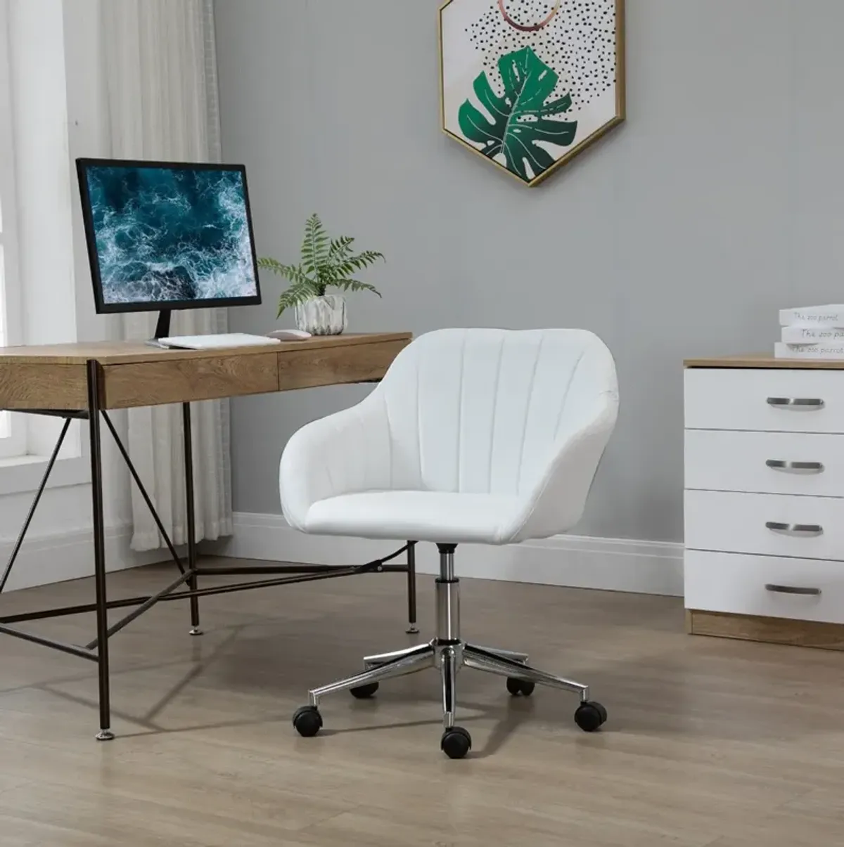 White Home Office Chair: Mid-Back PU Leather Swivel Tub Armchair