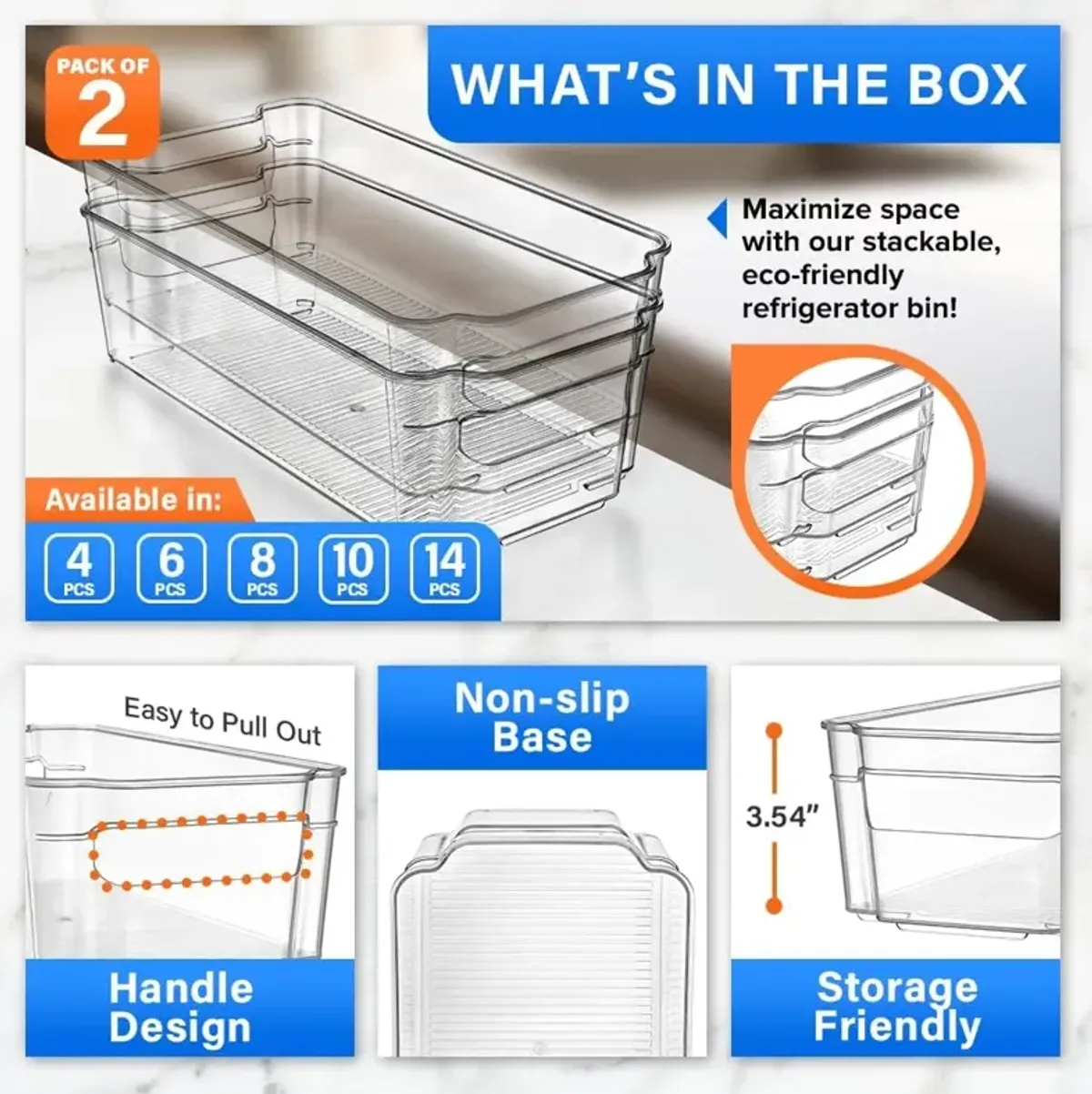 Pantry Organizers and Storage Bins - Stackable Clear Bins for Kitchen and Freezer, Snack Pantry Organizer, Refrigerator Storage Solutions, Multi-Purpose Kitchen Storage Bins - 2 pack