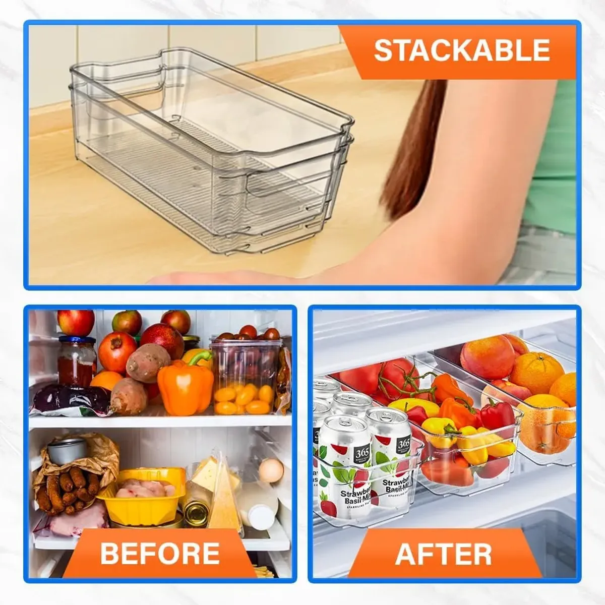 Pantry Organizers and Storage Bins - Stackable Clear Bins for Kitchen and Freezer, Snack Pantry Organizer, Refrigerator Storage Solutions, Multi-Purpose Kitchen Storage Bins - 2 pack