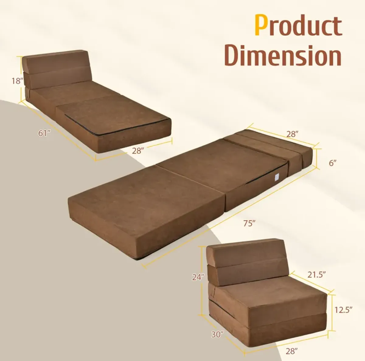 Tri-fold Folding Sleeper Sofa Bed for Living Room Bedroom