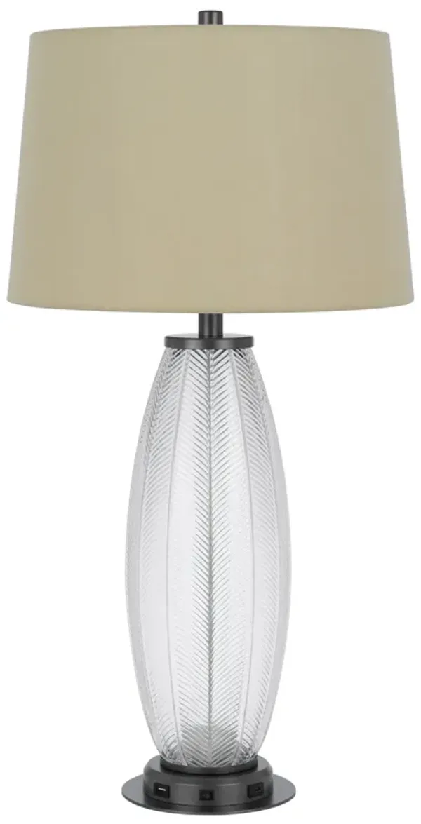 Leno 32 Inch Table Lamp, Leaf Pattern Clear Glass Base, Beige Shade - Benzara