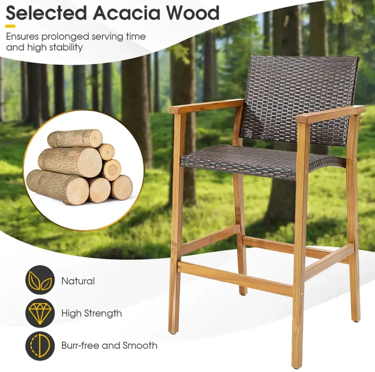 Set of 2 PE Wicker Patio Bar Chairs with Acacia Wood Armrests